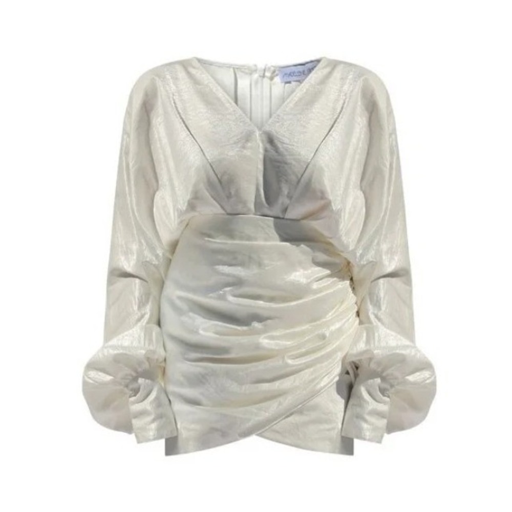 NEW Madeleine Simon Studio Celine White Shimmer Ruched Balloon Sleeve Mini Dress